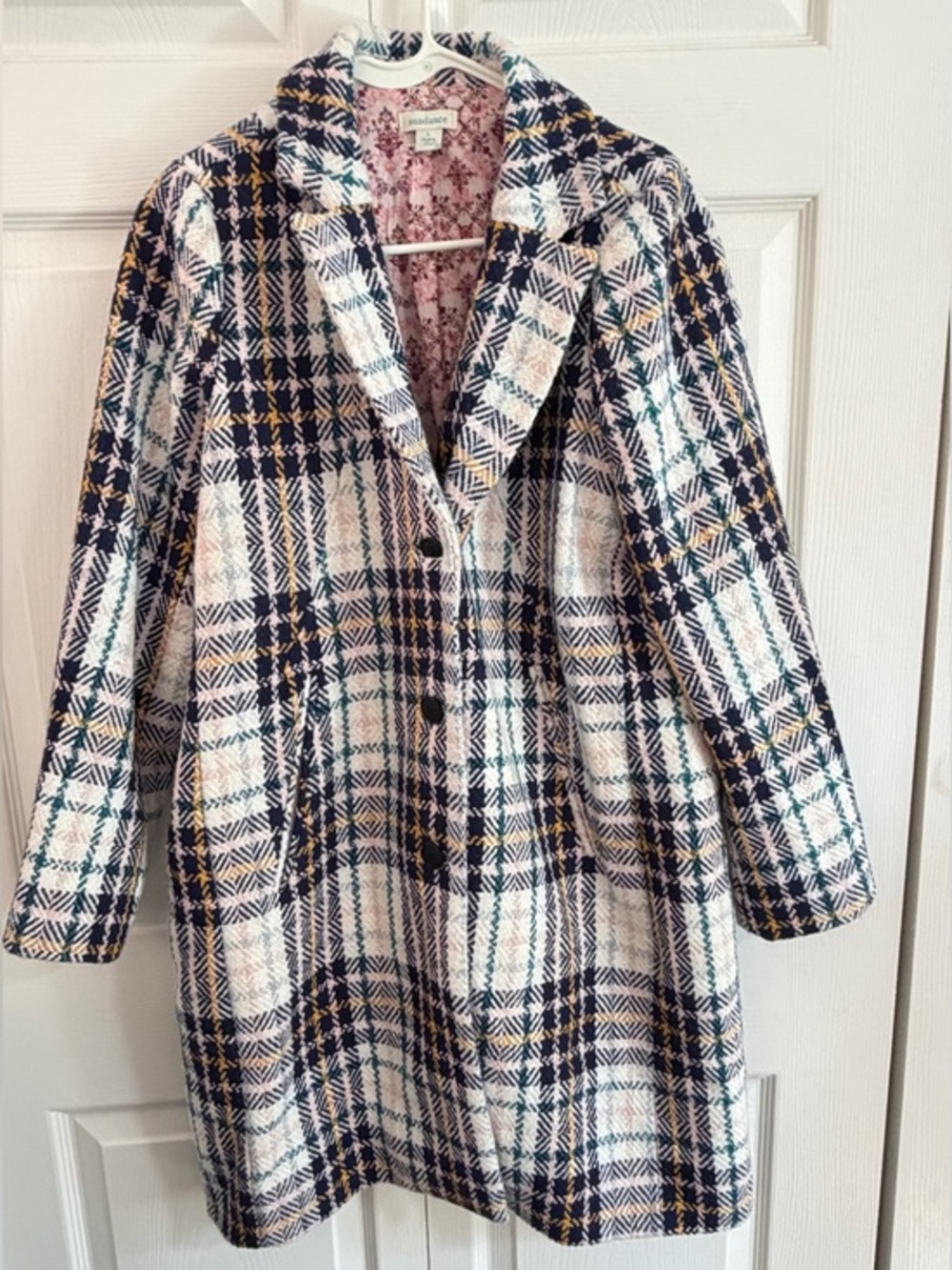 Sundance Wool Blend Plaid Long Coat Large Floral Lined Heavy Winter Tweed Jacket